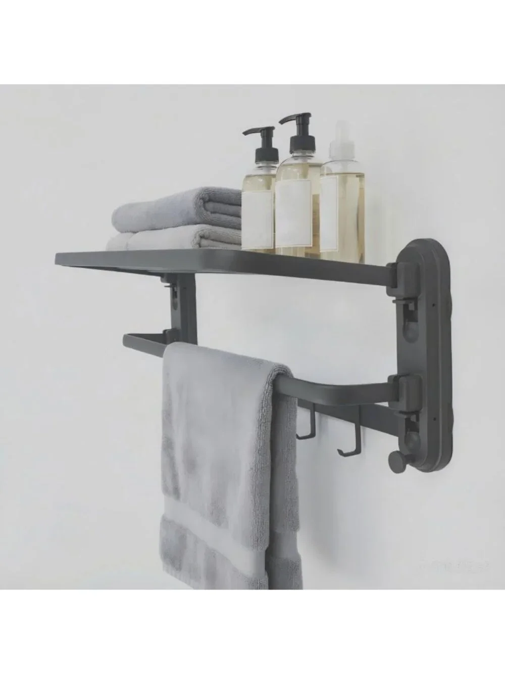 24-Inch Wall-Mounted Towel Shelf with Hooks - Modern Foldable Bathroom Rack